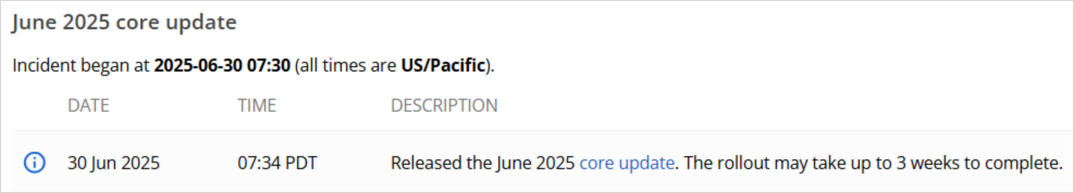 2025年6月のコアアップデートをリリースしました。ロールアウトが完了するまでに最大3週間かかる場合があります。