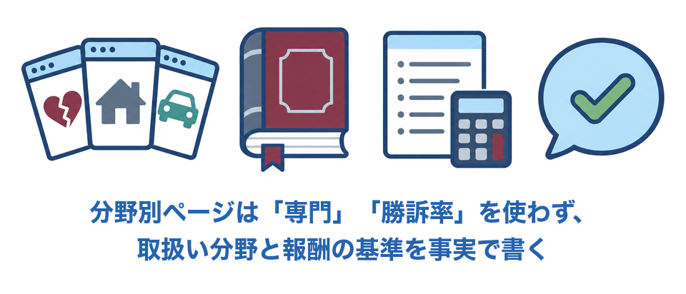 分野別ページは「専門」「勝訴率」を使わず、取扱い分野と報酬の基準を事実で書く
