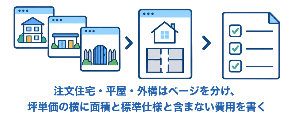注文住宅・平屋・外構はページを分け、坪単価の横に面積と標準仕様と含まない費用を書く