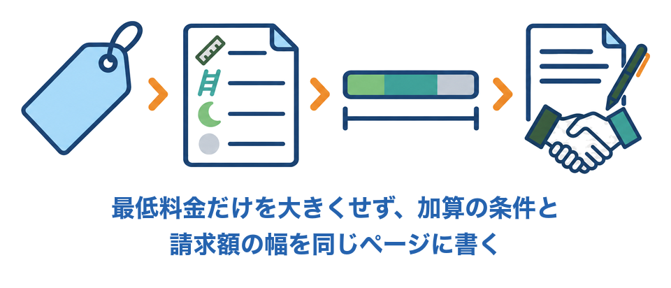 最低料金だけを大きくせず、加算の条件と請求額の幅を同じページに書く