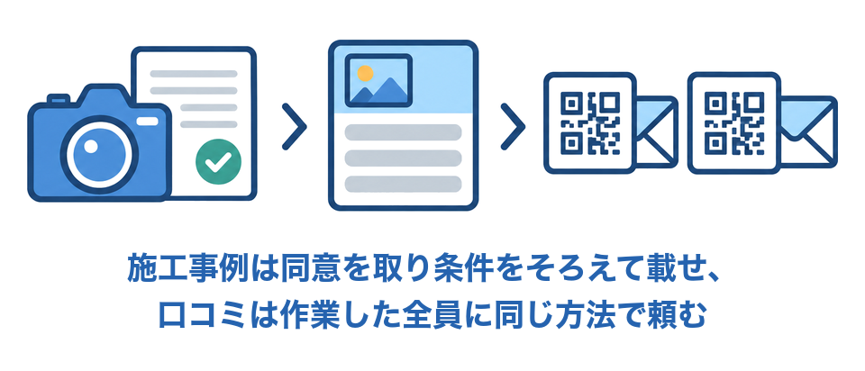 施工事例は同意を取り条件をそろえて載せ、口コミは作業した全員に同じ方法で頼む