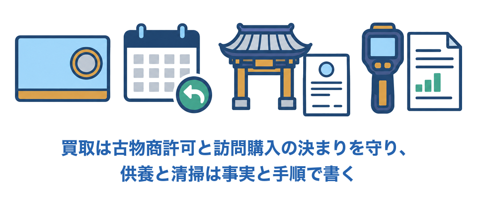 買取は古物商許可と訪問購入の決まりを守り、供養と清掃は事実と手順で書く