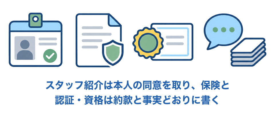 スタッフ紹介は本人の同意を取り、保険と認証・資格は約款と事実どおりに書く