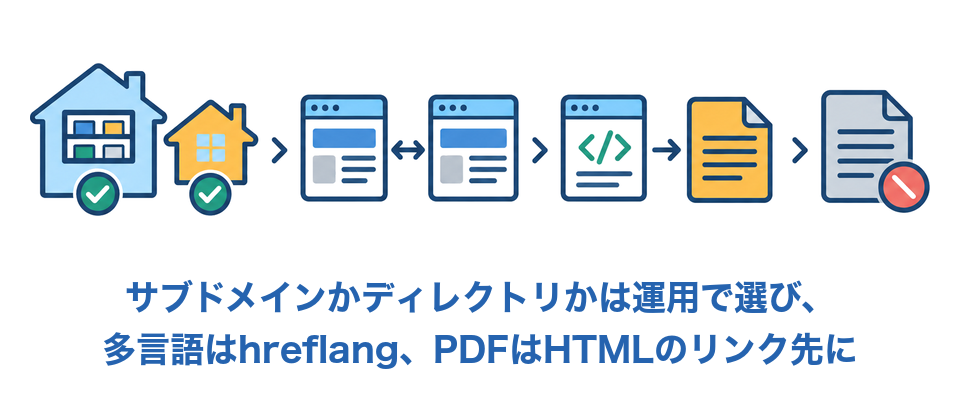 サブドメインかサブディレクトリかは運用で選び、多言語はhreflang、PDFはHTMLのリンク先に置く図