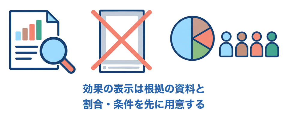 効果の表示は根拠の資料と割合・条件を先に用意する