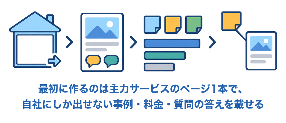 最初に作るのは主力サービスのページ1本で、自社にしか出せない事例・料金・質問の答えを載せる図