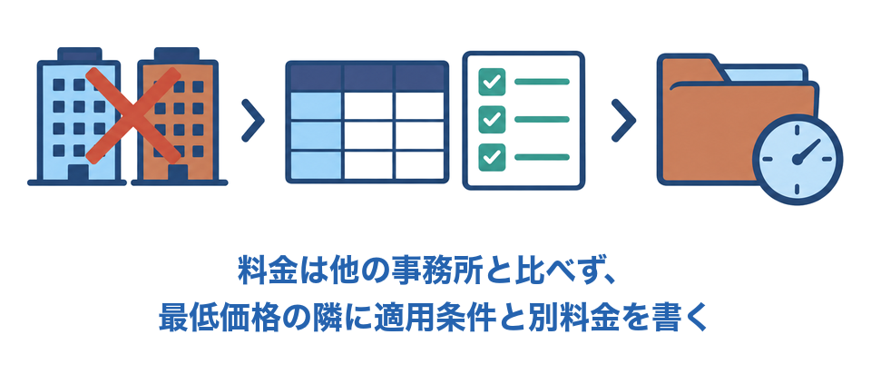料金は他の事務所と比べず、最低価格の隣に適用条件と別料金を書く