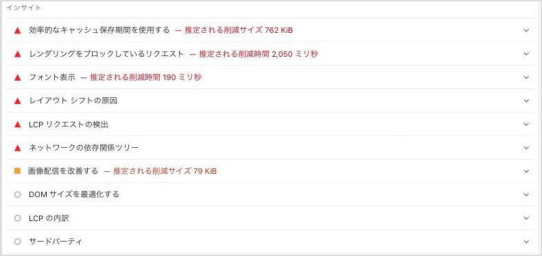 PageSpeed Insightsのインサイト・改善提案の一覧