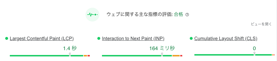 PageSpeed Insightsの「ウェブに関する主な指標の評価」画面