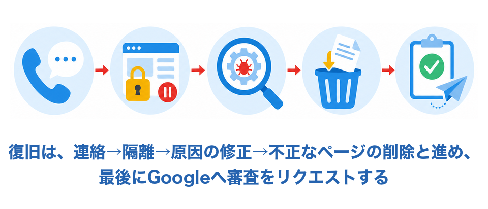 復旧は、連絡→隔離→原因の修正→不正なページの削除と進め、最後にGoogleへ審査をリクエストする