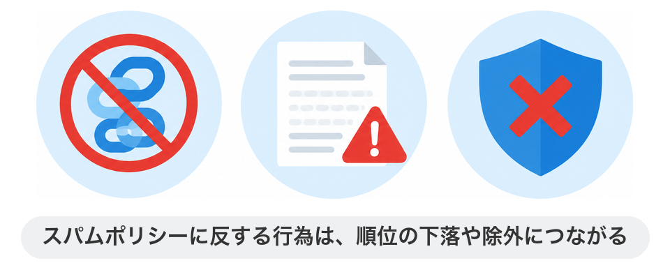 スパムポリシーに反する行為は、順位の下落や除外につながる